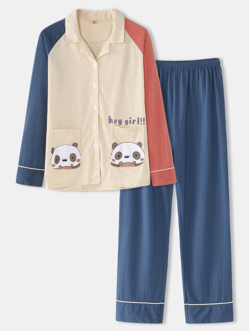 Kvinder Plus Størrelse Cute Panda Med Tryk Kontrast Raglan Sleeve Cotton Lounge Home Pyjamas Sæt