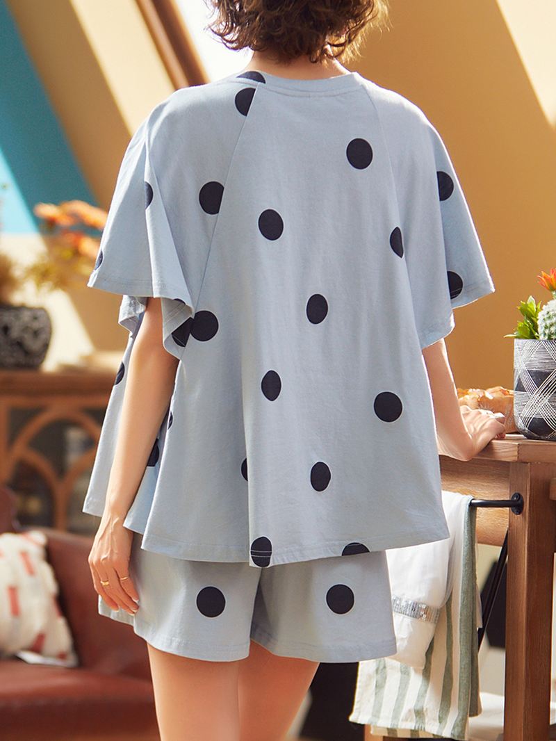 Kvinder Polka Dot Med Tryk Rund Hals Kortærmede Shorts Casual Pyjamas Sæt