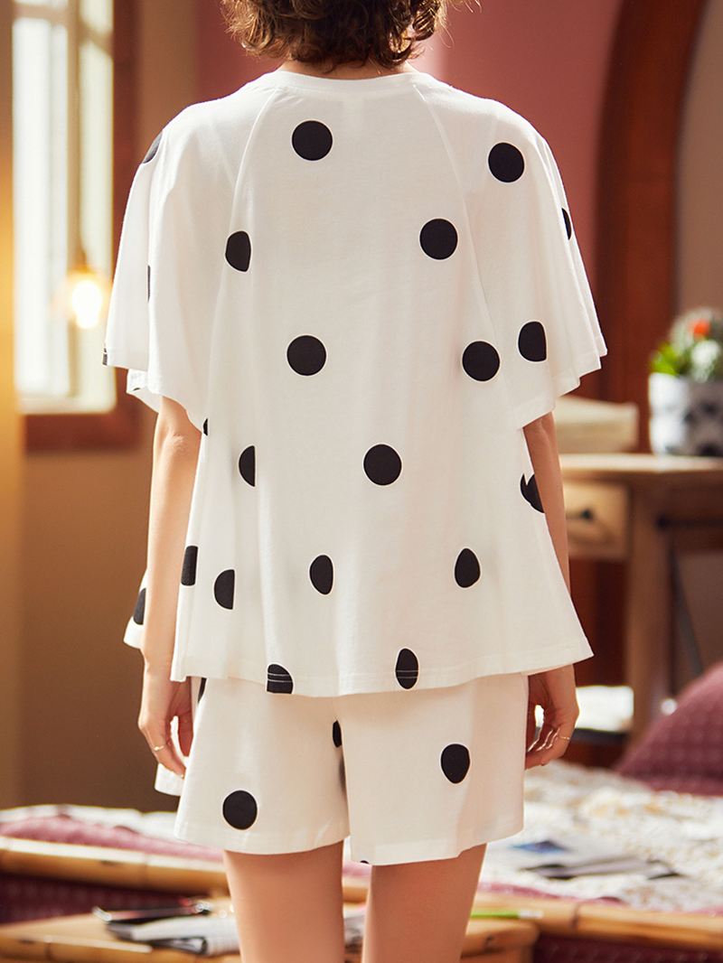 Kvinder Polka Dot Med Tryk Rund Hals Kortærmede Shorts Casual Pyjamas Sæt