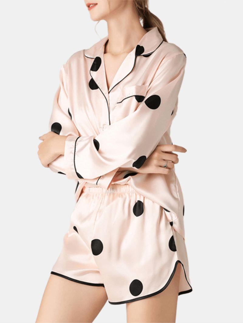 Kvinder Polka Dot Reverskrave Pink Faux Silke Langærmet Løs Pyjamas Sæt