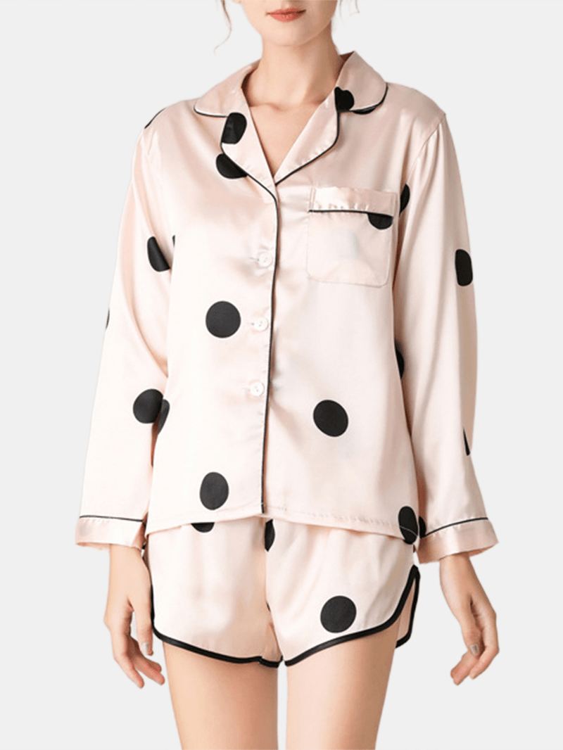 Kvinder Polka Dot Reverskrave Pink Faux Silke Langærmet Løs Pyjamas Sæt