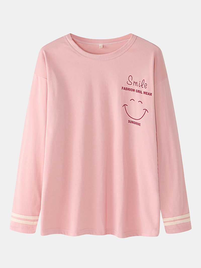 Kvinder Smile Face Med Tryk Drop Skulder Stribet Manchet Bomuld Pullover Pyjamas Sæt