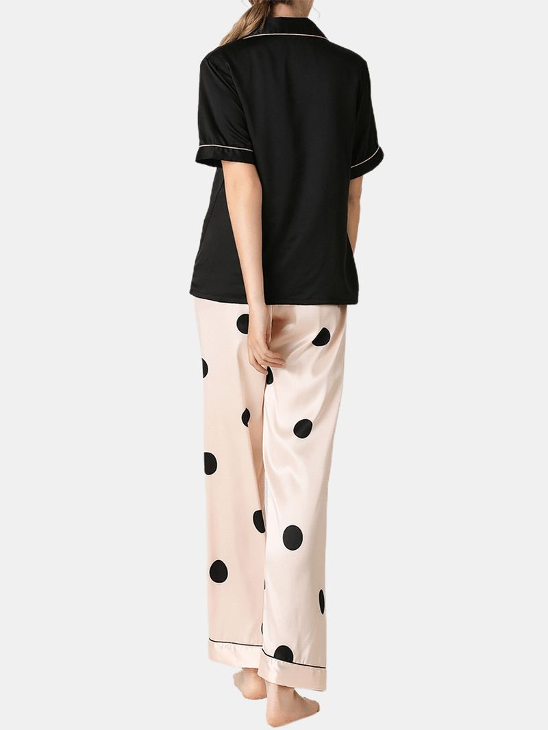 Kvinder Sort Revere Krave Kortærmet Top Polka Dot Bukser Faux Silk Hjem Pyjamas Sæt