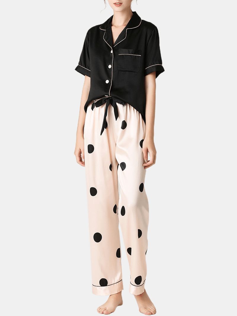 Kvinder Sort Revere Krave Kortærmet Top Polka Dot Bukser Faux Silk Hjem Pyjamas Sæt