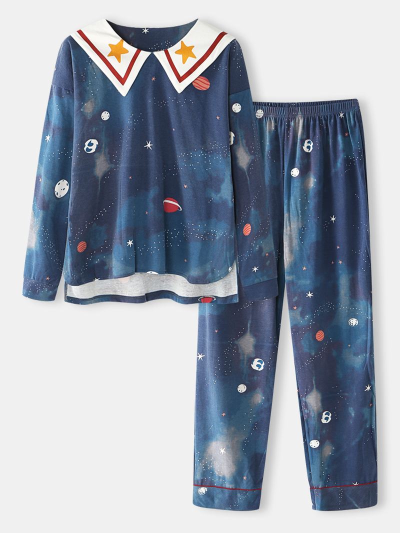 Kvinder Starry Sky Med Tryk Sød Pullover Løs Elastik Talje Tegneserie Hjem Pyjamas Sæt