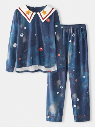 Kvinder Starry Sky Med Tryk Sød Pullover Løs Elastik Talje Tegneserie Hjem Pyjamas Sæt