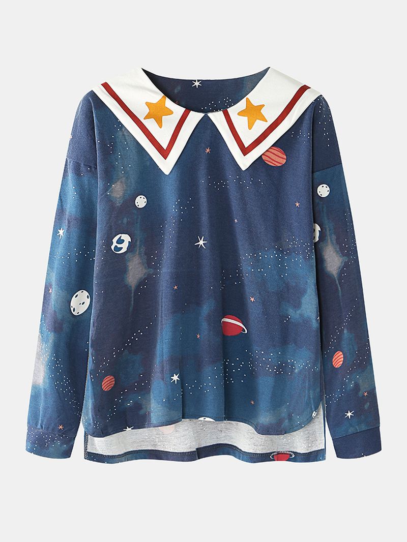 Kvinder Starry Sky Med Tryk Sød Pullover Løs Elastik Talje Tegneserie Hjem Pyjamas Sæt