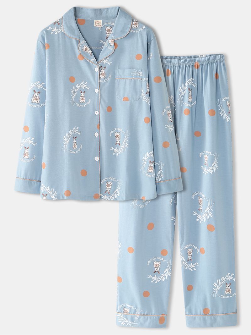 Kvinder Tegneserie Kanin & Polka Dot Med Tryk Skjorte Elastisk Talje Hjemmepyjamas Sæt