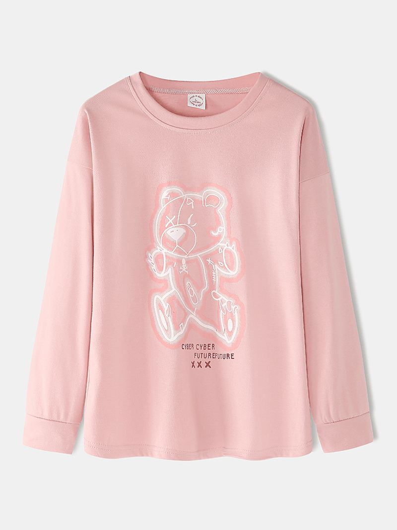 Kvinder Tegneserietryk Pink Pullover Elastisk Taljelomme Hjem Casual Pyjamas