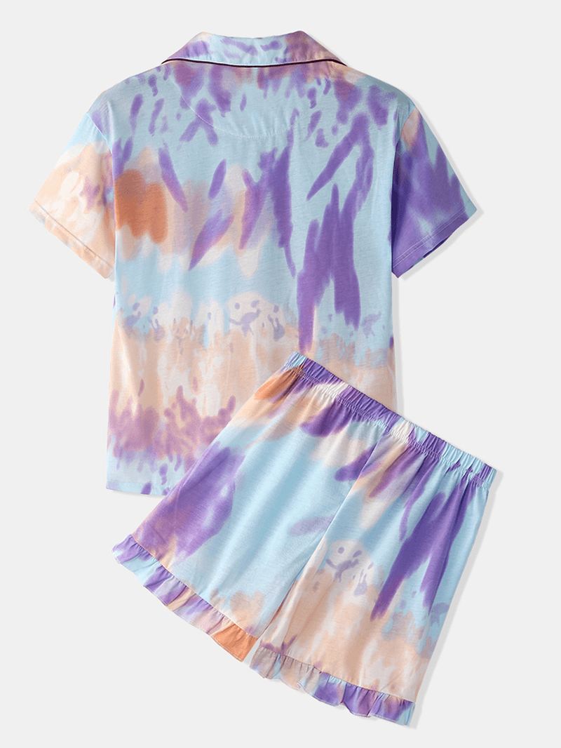 Kvinder Tie Dye Button Up Pocket Revere Krave Kortærmet Hjemmepyjamassæt