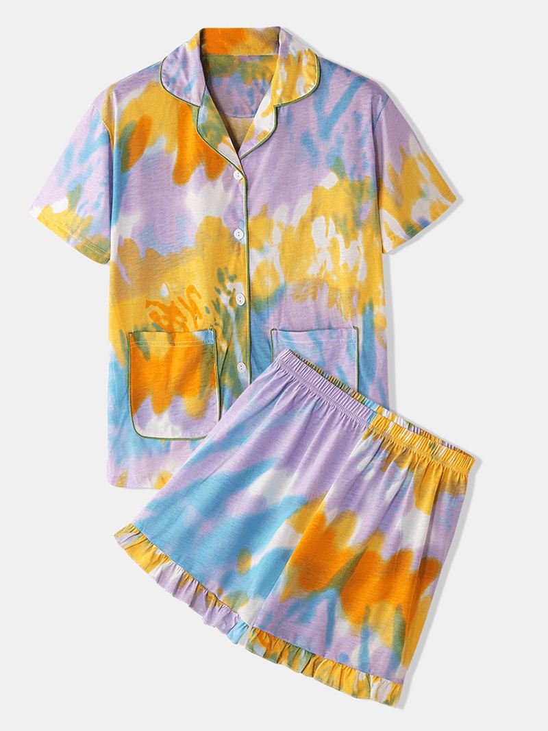 Kvinder Tie Dye Button Up Pocket Revere Krave Kortærmet Hjemmepyjamassæt