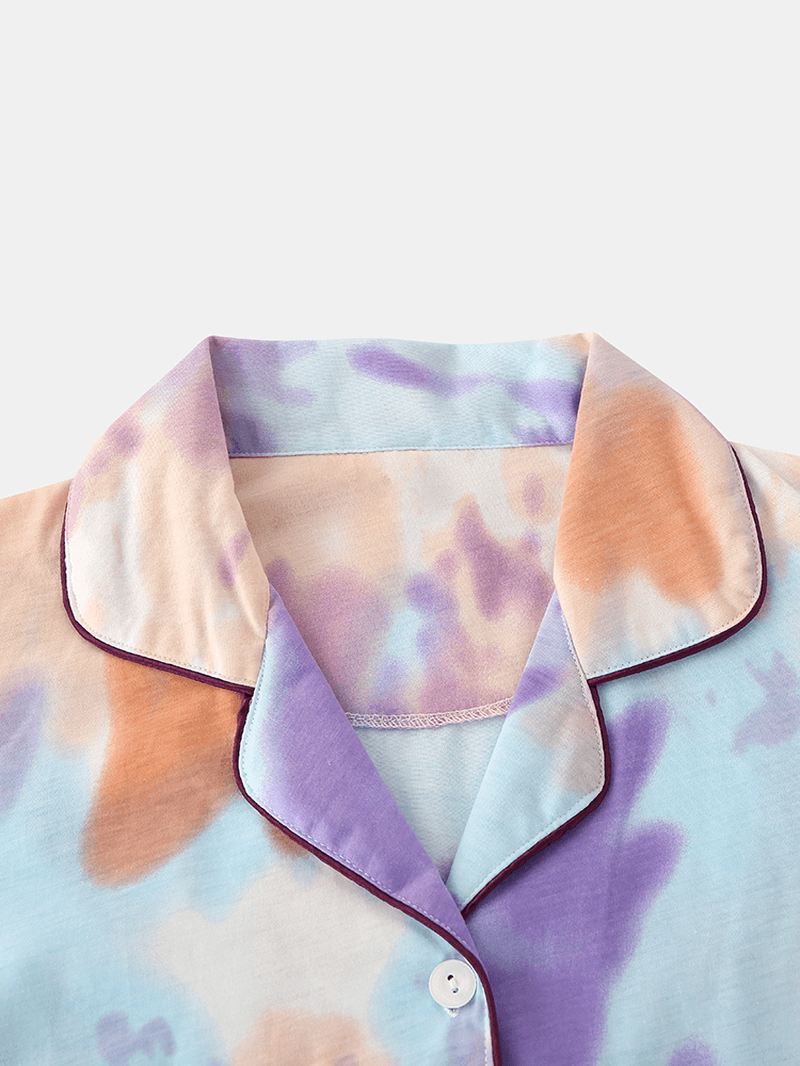 Kvinder Tie Dye Button Up Pocket Revere Krave Kortærmet Hjemmepyjamassæt