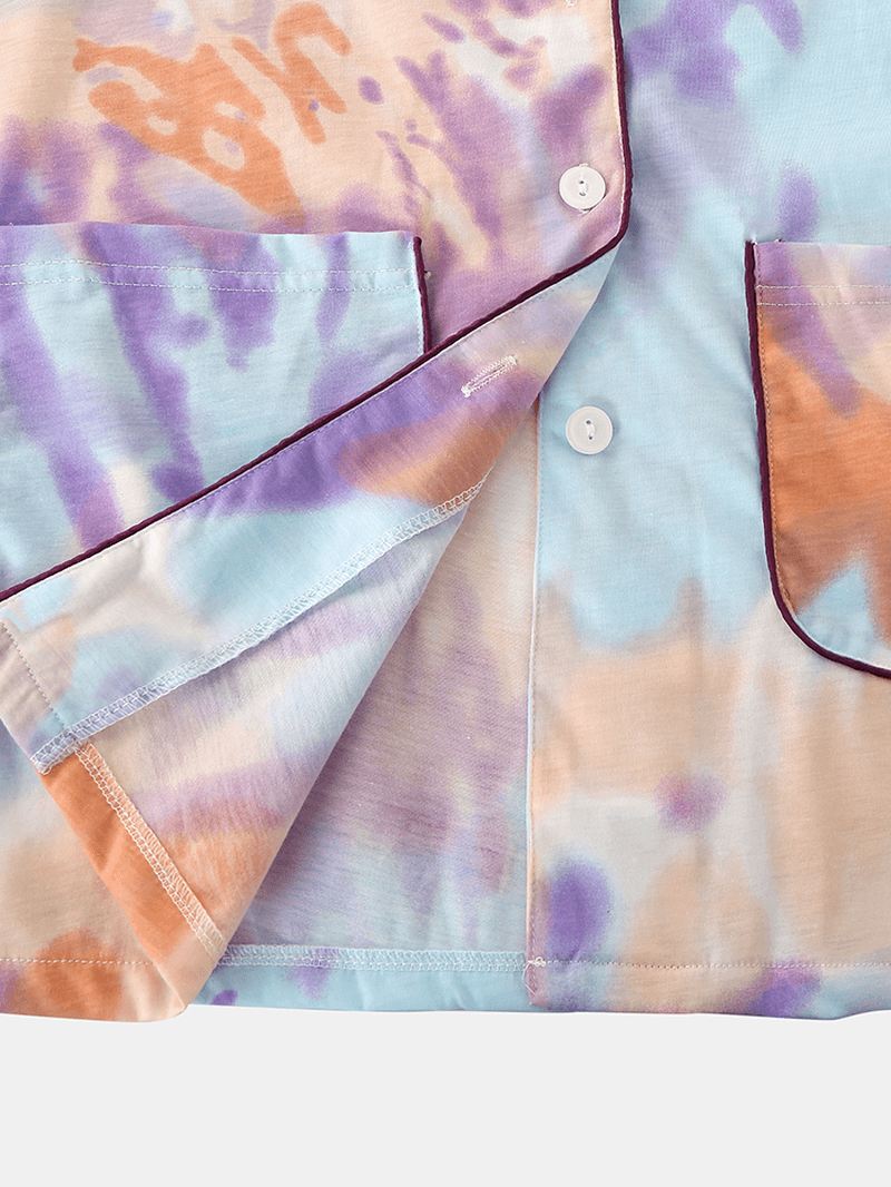 Kvinder Tie Dye Button Up Pocket Revere Krave Kortærmet Hjemmepyjamassæt