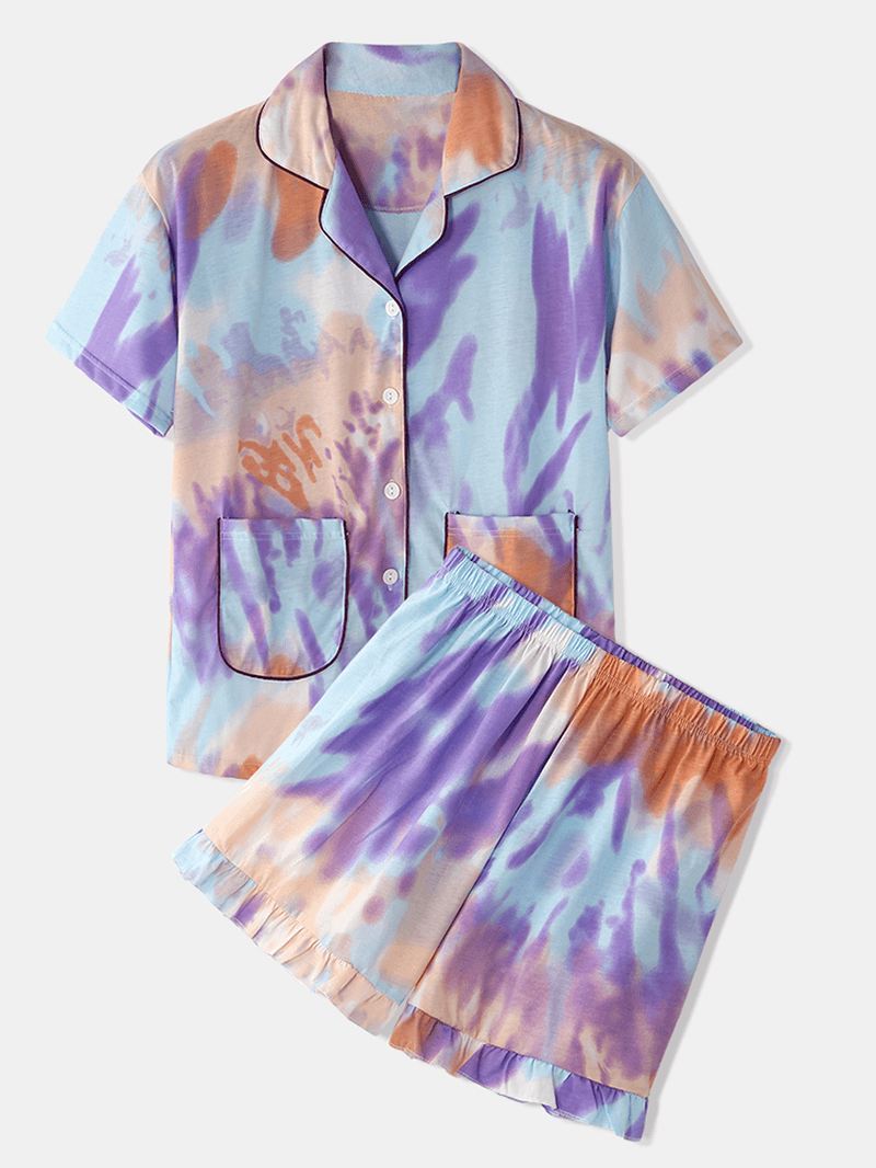 Kvinder Tie Dye Button Up Pocket Revere Krave Kortærmet Hjemmepyjamassæt