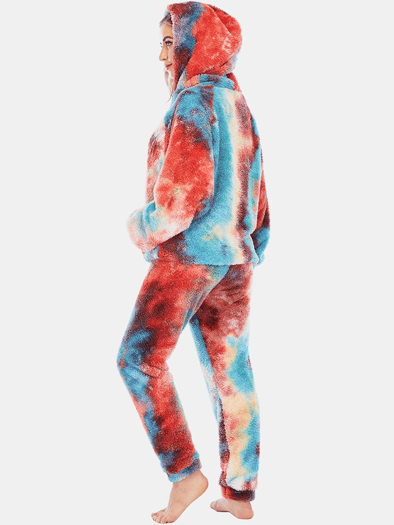 Kvinder Tie Dye Fleece Kænguru Lomme Hættetrøje Bukser Hjem Sleepweat Casual Pyjamas Sæt