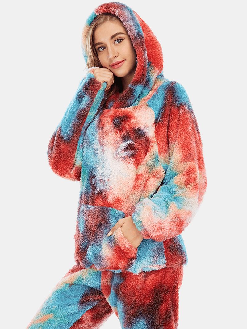 Kvinder Tie Dye Fleece Kænguru Lomme Hættetrøje Bukser Hjem Sleepweat Casual Pyjamas Sæt