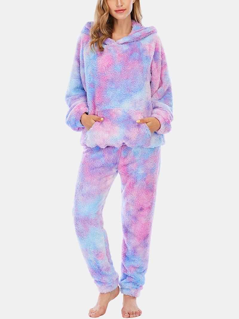 Kvinder Tie Dye Kængurulomme Langærmet Fleece-hættetrøje Løse Bukser Hjemmeblødt Pyjamassæt