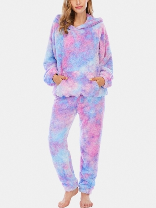 Kvinder Tie Dye Kængurulomme Langærmet Fleece-hættetrøje Løse Bukser Hjemmeblødt Pyjamassæt