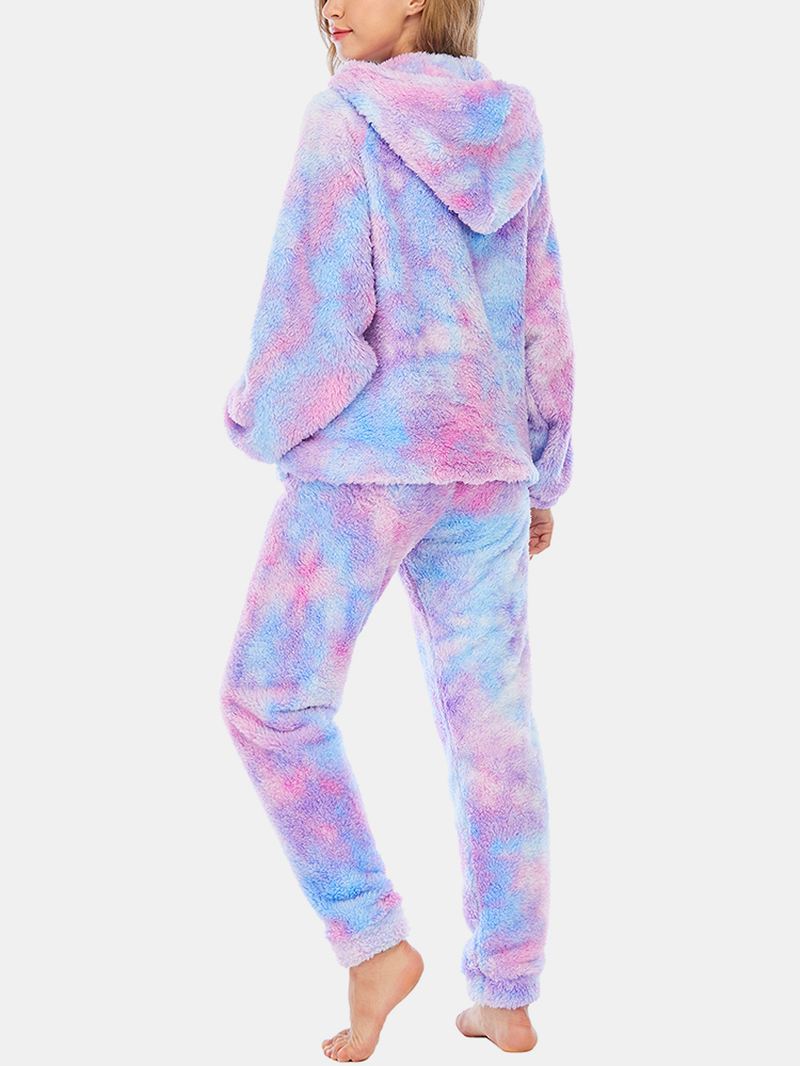 Kvinder Tie Dye Kængurulomme Langærmet Fleece-hættetrøje Løse Bukser Hjemmeblødt Pyjamassæt