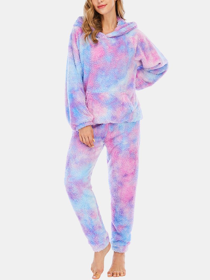 Kvinder Tie Dye Kængurulomme Langærmet Fleece-hættetrøje Løse Bukser Hjemmeblødt Pyjamassæt