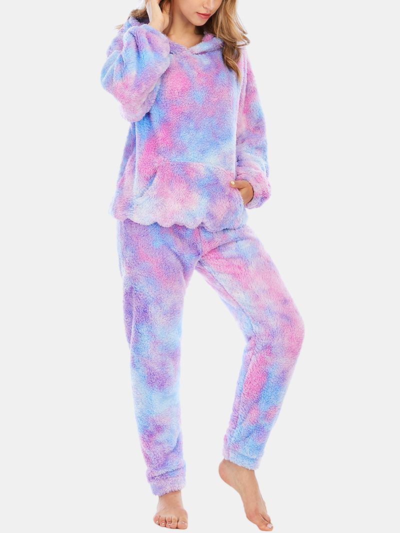 Kvinder Tie Dye Kængurulomme Langærmet Fleece-hættetrøje Løse Bukser Hjemmeblødt Pyjamassæt