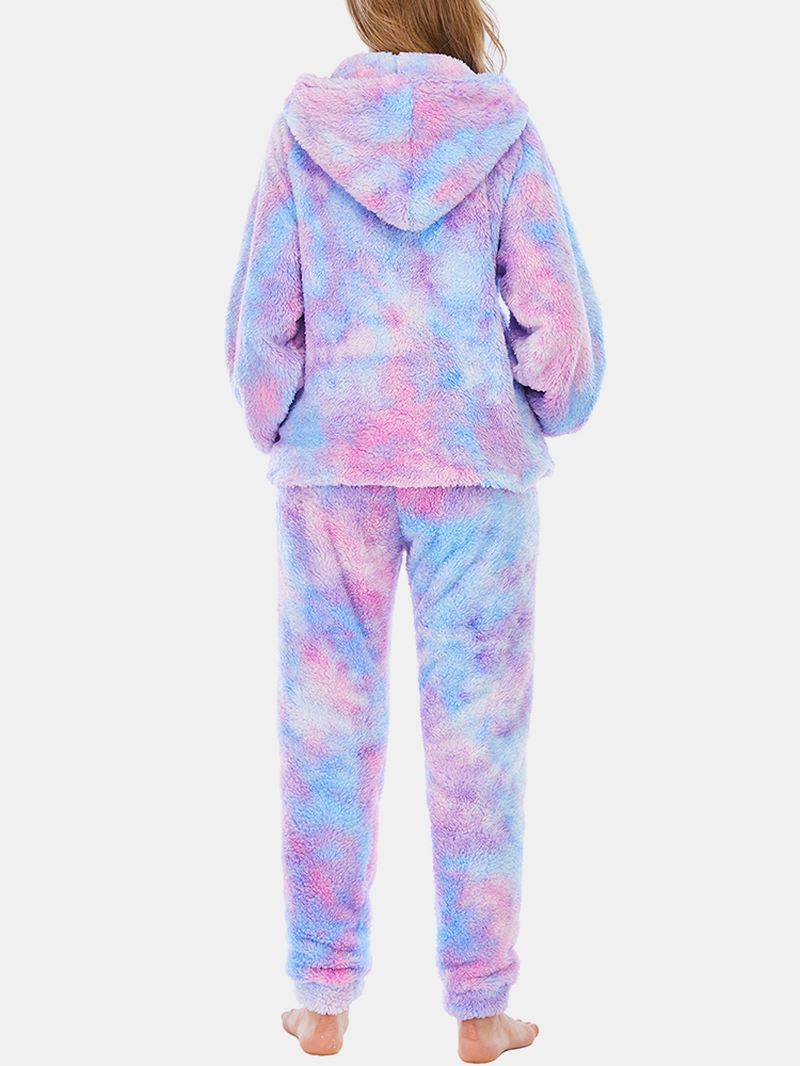 Kvinder Tie Dye Kængurulomme Langærmet Fleece-hættetrøje Løse Bukser Hjemmeblødt Pyjamassæt