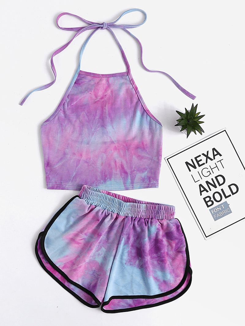 Kvinder Tie Dye Loungewear Halter High Neck Blød Bomuld Pyjamas Kort Sæt