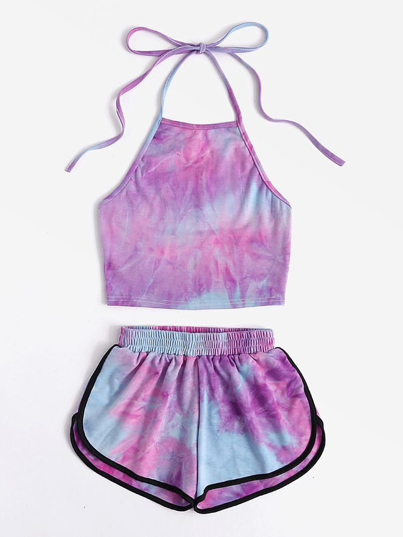 Kvinder Tie Dye Loungewear Halter High Neck Blød Bomuld Pyjamas Kort Sæt