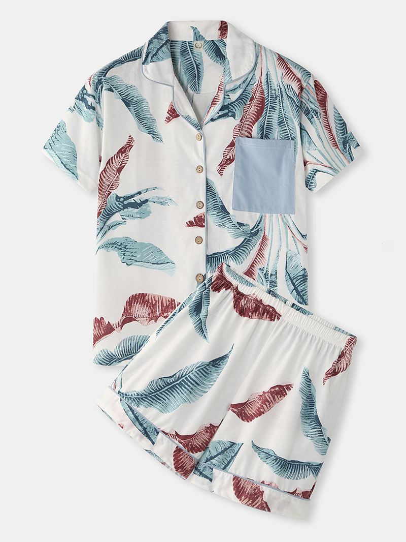 Kvinder Tropical Plant Leaves Med Tryk Button Up Revere Collar Kortærmet Home Casual Pyjamas Sæt