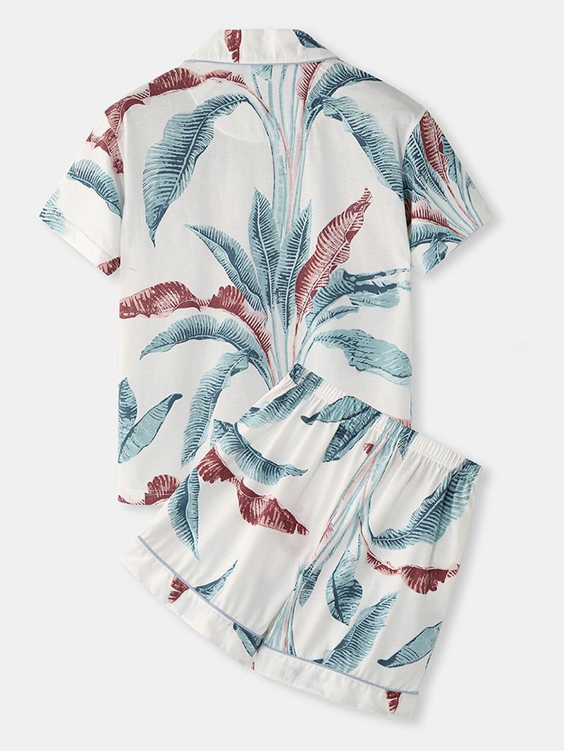 Kvinder Tropical Plant Leaves Med Tryk Button Up Revere Collar Kortærmet Home Casual Pyjamas Sæt