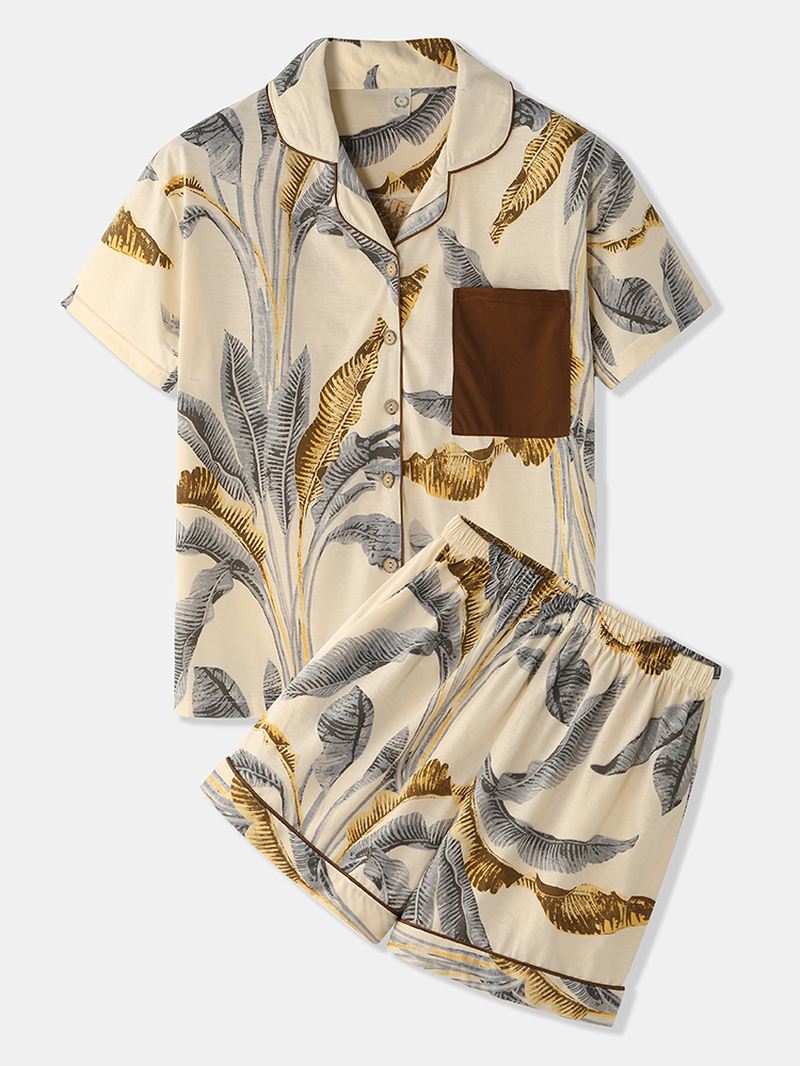 Kvinder Tropical Plant Leaves Med Tryk Button Up Revere Collar Kortærmet Home Casual Pyjamas Sæt