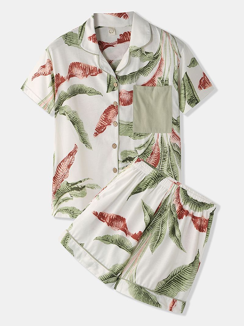 Kvinder Tropical Plant Leaves Med Tryk Button Up Revere Collar Kortærmet Home Casual Pyjamas Sæt