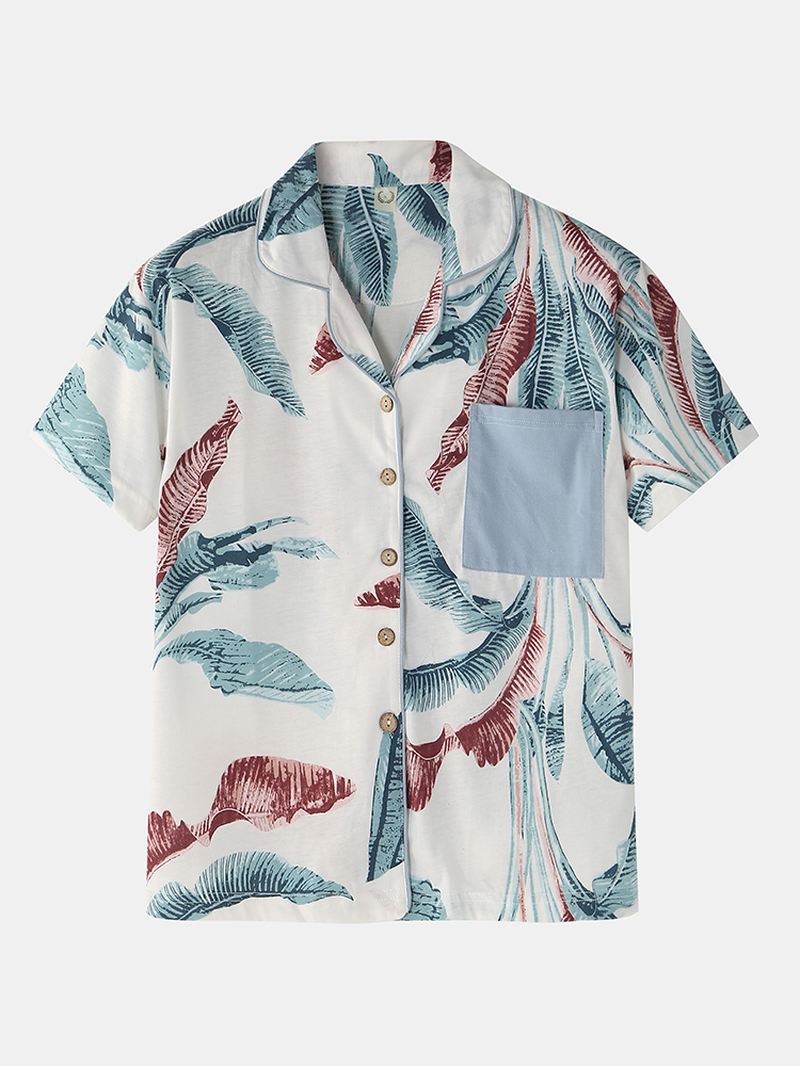 Kvinder Tropical Plant Leaves Med Tryk Button Up Revere Collar Kortærmet Home Casual Pyjamas Sæt