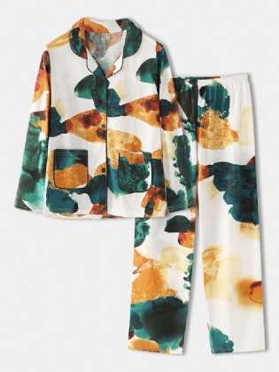 Kvinder Vintage Blomsterprint Camp Krave Dobbelt Pocket Skjorte Elastiske Taljebukser Nattøj Hjemmepyjamas