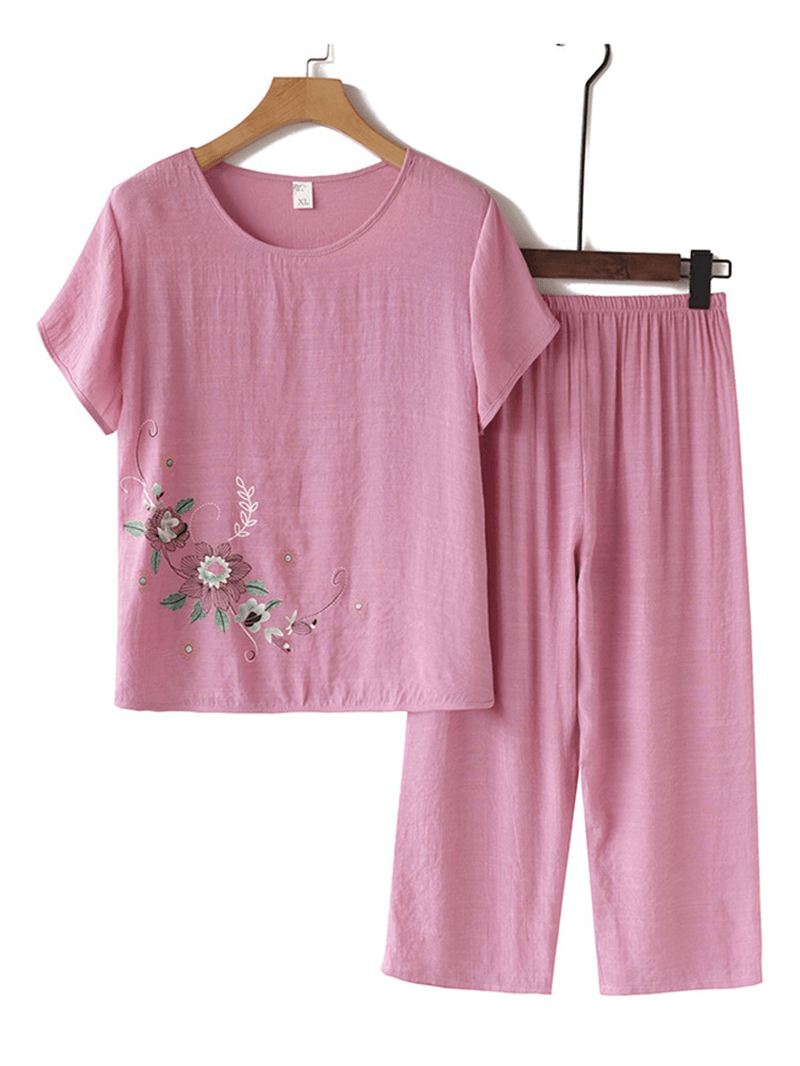 Kvinder Vintage Blomstertryk Loungewear Kortærmet Åndbar Pyjamas