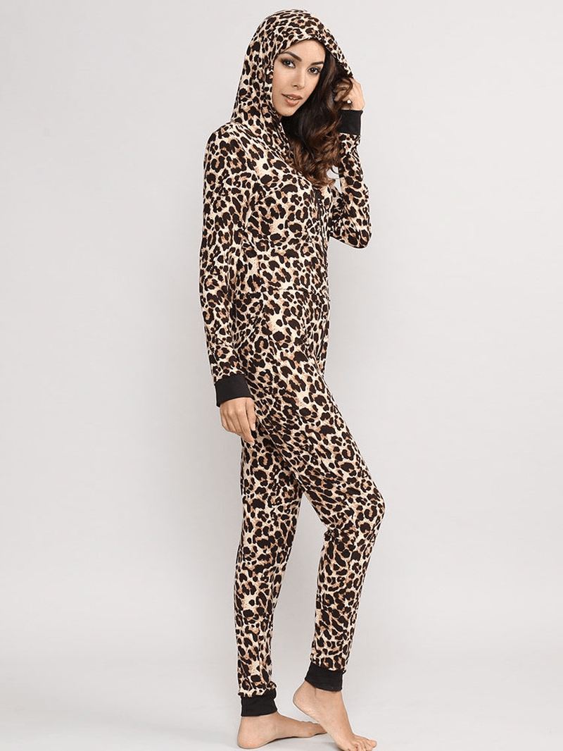 Leopard Jumpsuits Med Hætte Foran Lynlås Pyjamassæt