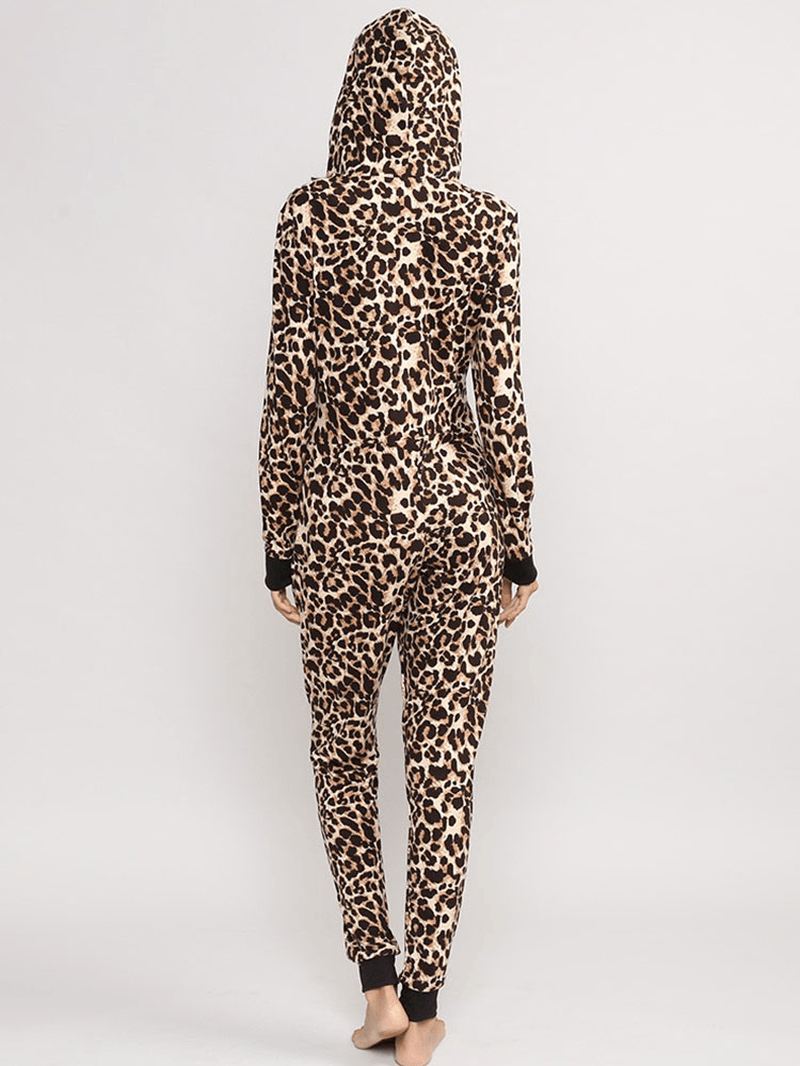 Leopard Jumpsuits Med Hætte Foran Lynlås Pyjamassæt