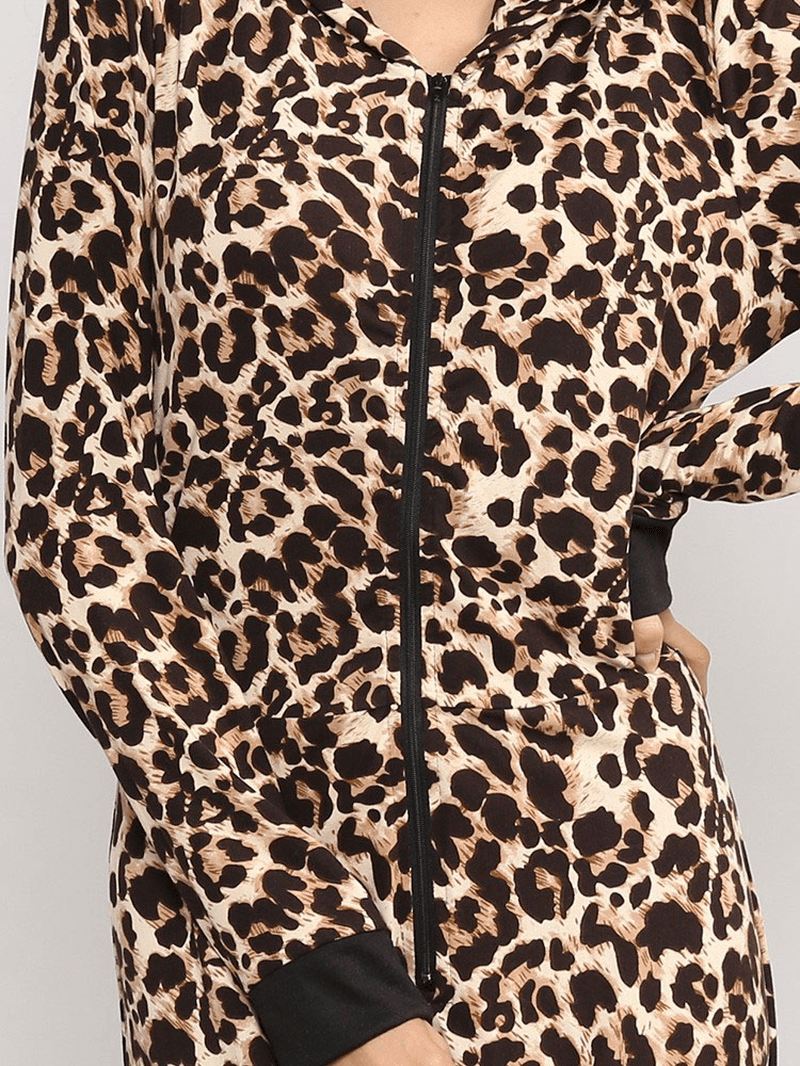 Leopard Jumpsuits Med Hætte Foran Lynlås Pyjamassæt