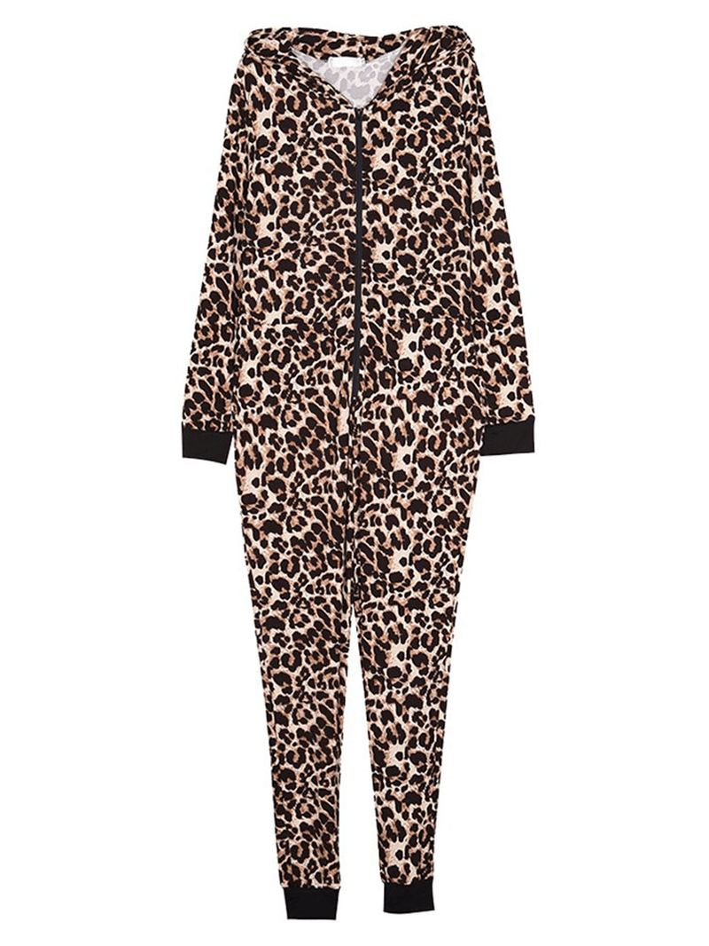 Leopard Jumpsuits Med Hætte Foran Lynlås Pyjamassæt