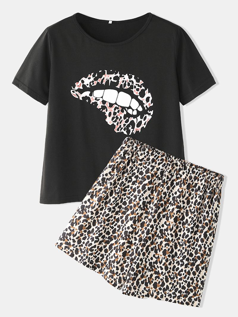 Leopard Med Tryk Pyjamas Sæt To Stykker O-hals Kortærmet Kvinder Outwork Loungewear