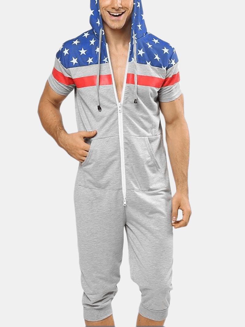 Mænd American Flag Med Tryk Hætte Lynlås Lomme Kortærmet Hjem Jumpsuit Nattøj