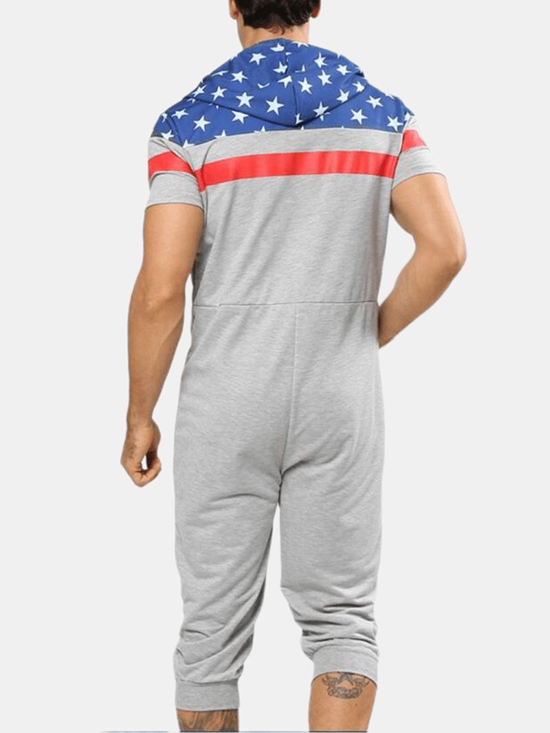 Mænd American Flag Med Tryk Hætte Lynlås Lomme Kortærmet Hjem Jumpsuit Nattøj