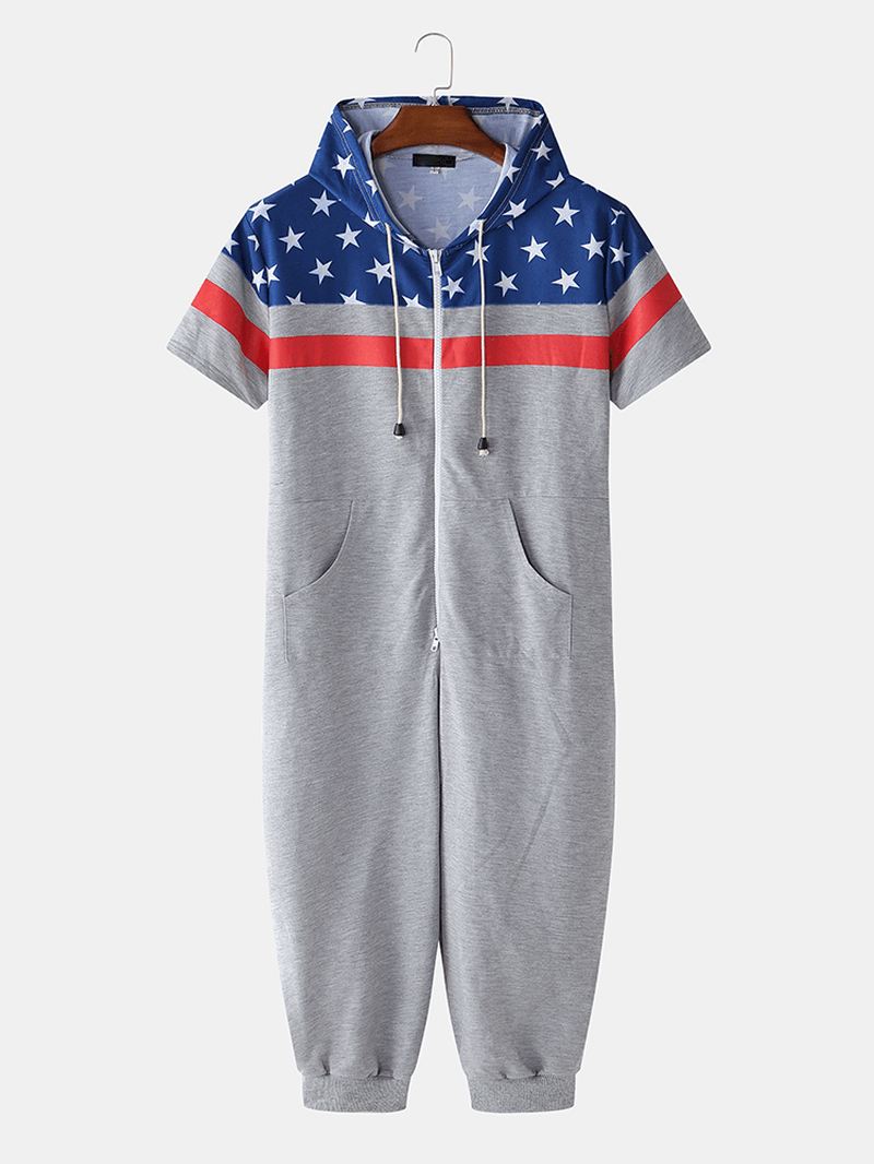 Mænd American Flag Med Tryk Hætte Lynlås Lomme Kortærmet Hjem Jumpsuit Nattøj