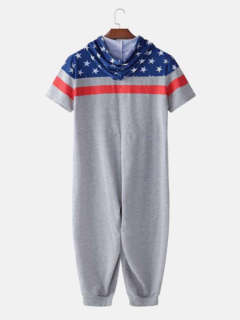 Mænd American Flag Med Tryk Hætte Lynlås Lomme Kortærmet Hjem Jumpsuit Nattøj