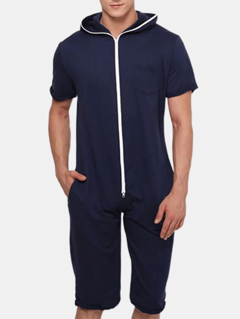 Mænd Ensfarvet Hooded Pocket Kortærmet Hjem Jumpsuit Lynlås Nattøj