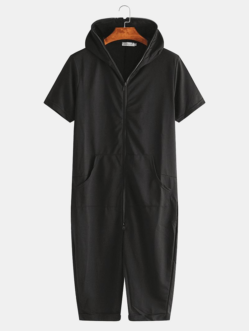 Mænd Ensfarvet Hooded Pocket Kortærmet Hjem Jumpsuit Lynlås Nattøj