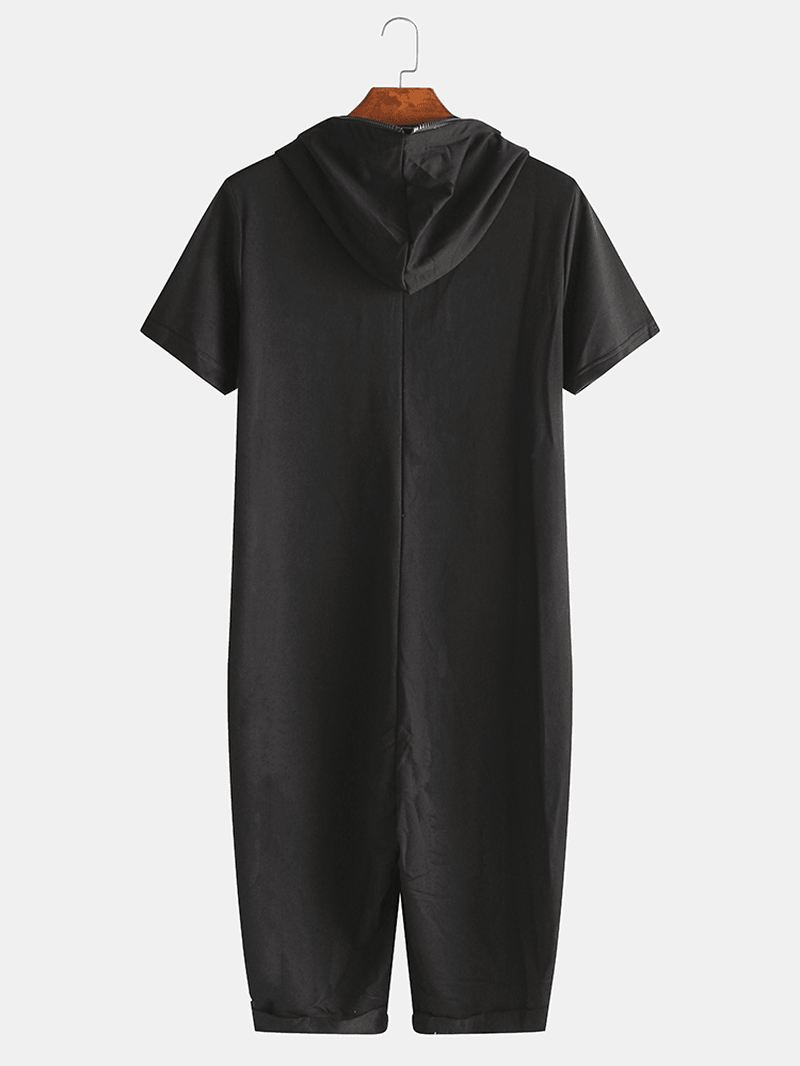 Mænd Ensfarvet Hooded Pocket Kortærmet Hjem Jumpsuit Lynlås Nattøj