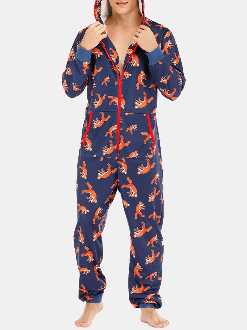 Mænd Funny Wolf Med Tryk Jumpsuit Loungewear Royal Blue Hooded Onesies Med Lommer