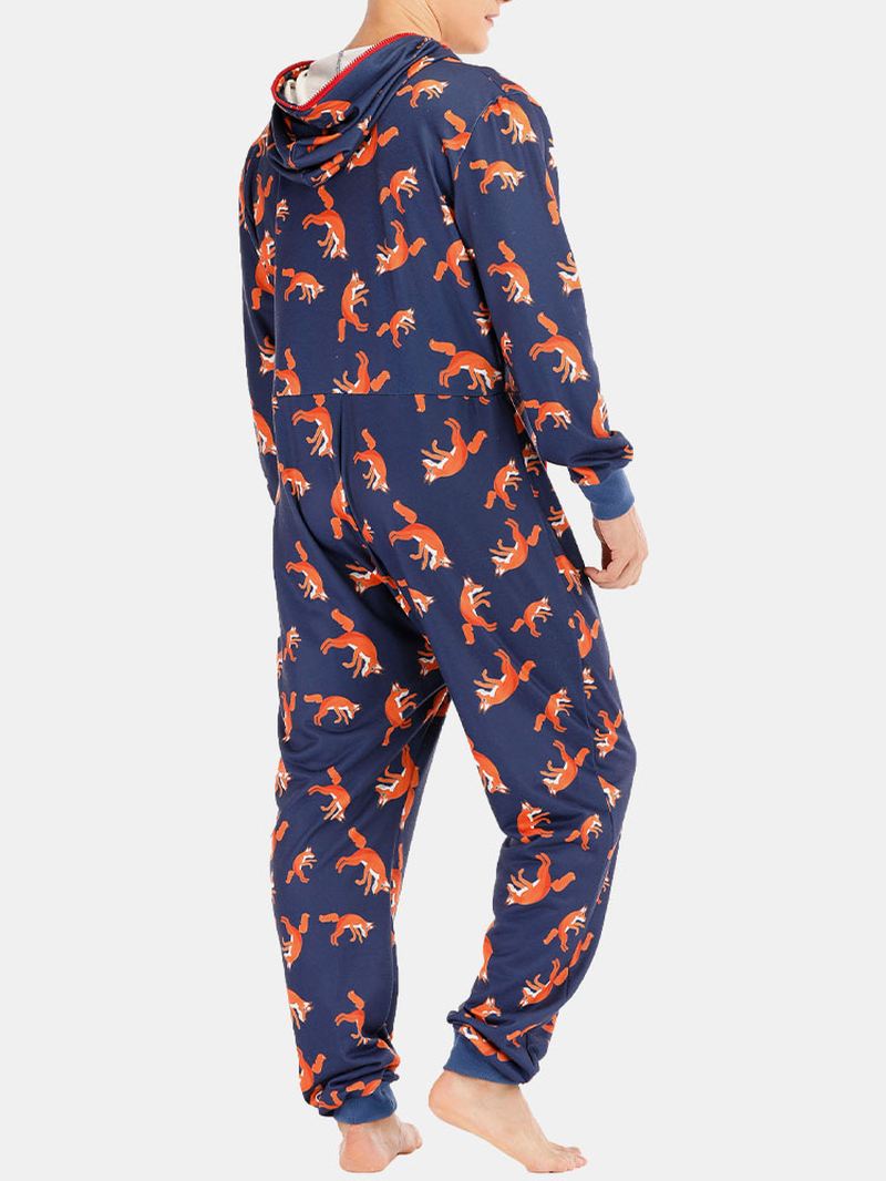 Mænd Funny Wolf Med Tryk Jumpsuit Loungewear Royal Blue Hooded Onesies Med Lommer