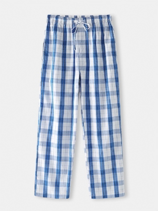 Mænd Klassisk Plaid Med Tryk Snøre Bomuld Hjemmepyjamasbukser Med Lomme